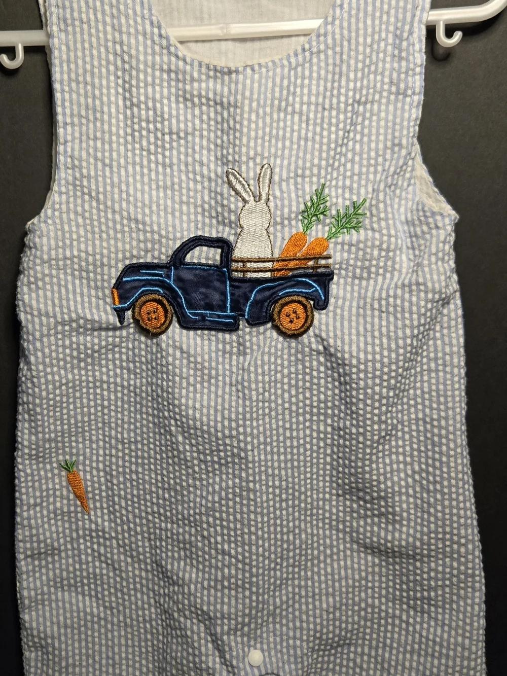 Blue Striped Baby One-Piece with Embroidered Bunny & Truck